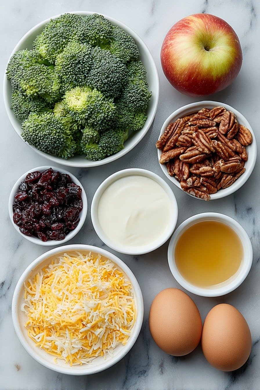Flat lay of fresh green broccoli florets, a large Honeycrisp apple diced with red and yellow skin visible, a small white ceramic bowl of shiny dried cranberries, chopped pecans with rich brown tones arranged neatly, finely diced small pieces of vivid purple-red onion, a small white ceramic bowl filled with shredded sharp cheddar cheese in bright orange-yellow strands, a small white ceramic bowl of creamy white mayonnaise, a small white ceramic bowl of golden honey, a small white ceramic bowl containing amber apple cider vinegar, and whole uncracked brown eggs placed on a clean white marble surface, soft natural light, photo taken with an iPhone, professional food photography style, fresh ingredients, white ceramic bowls, no bottles, no duplicates, no utensils, no packaging --ar 2:3 --v 7 --p m7354639359234015250 — Honeycrisp Apple Broccoli Salad, healthy broccoli apple salad, easy fruit and vegetable salad, tangy honey mayo dressing, refreshing apple broccoli side dish