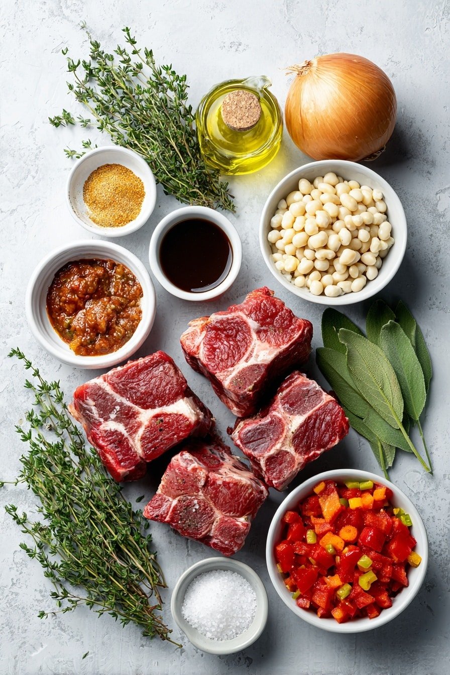 Flat lay of fresh oxtail pieces, three whole uncracked garlic cloves, small white bowl with dark browning sauce, small white bowl with Worcestershire sauce, small white bowl with ground allspice, small white bowl with paprika powder, small white bowl with salt crystals, small white bowl with chicken bouillon powder, small white bowl with cayenne pepper, small white bowl with brown sugar, four fresh thyme sprigs, one medium whole onion, half a red bell pepper diced, half a green bell pepper diced, two green onions sliced, two ripe tomatoes diced, small white bowl with rinsed butter beans, small white bowl with baby carrots, small white bowl with cornstarch, small white bowl with tomato paste, two bay leaves, small white bowl with cooking oil, small white bowl with water placed on a clean white marble surface, soft natural light, photo taken with an iPhone, professional food photography style, fresh ingredients, white ceramic bowls, no bottles, no duplicates, no utensils, no packaging --ar 2:3 --v 7 --p m7354639359234015250 — Jamaican Oxtail Stew, Jamaican Oxtail Stew recipe, Jamaican stew, Caribbean oxtail dish, hearty Jamaican oxtail stew