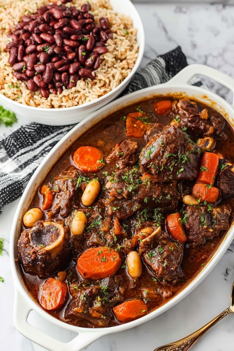 A white oval dish filled with a rich brown stew containing layers of dark brown meat pieces with bones, light beige large beans, and bright orange baby carrots scattered throughout, all in a thick shiny sauce. Next to it is a white bowl filled with a mix of dark red beans and light brown rice. The dishes are placed on a white marbled surface with a folded black and white striped cloth partially visible in the background. Photo taken with an iphone --ar 2:3 --v 7 — Jamaican Oxtail Stew, Jamaican Oxtail Stew recipe, Jamaican stew, Caribbean oxtail dish, hearty Jamaican oxtail stew