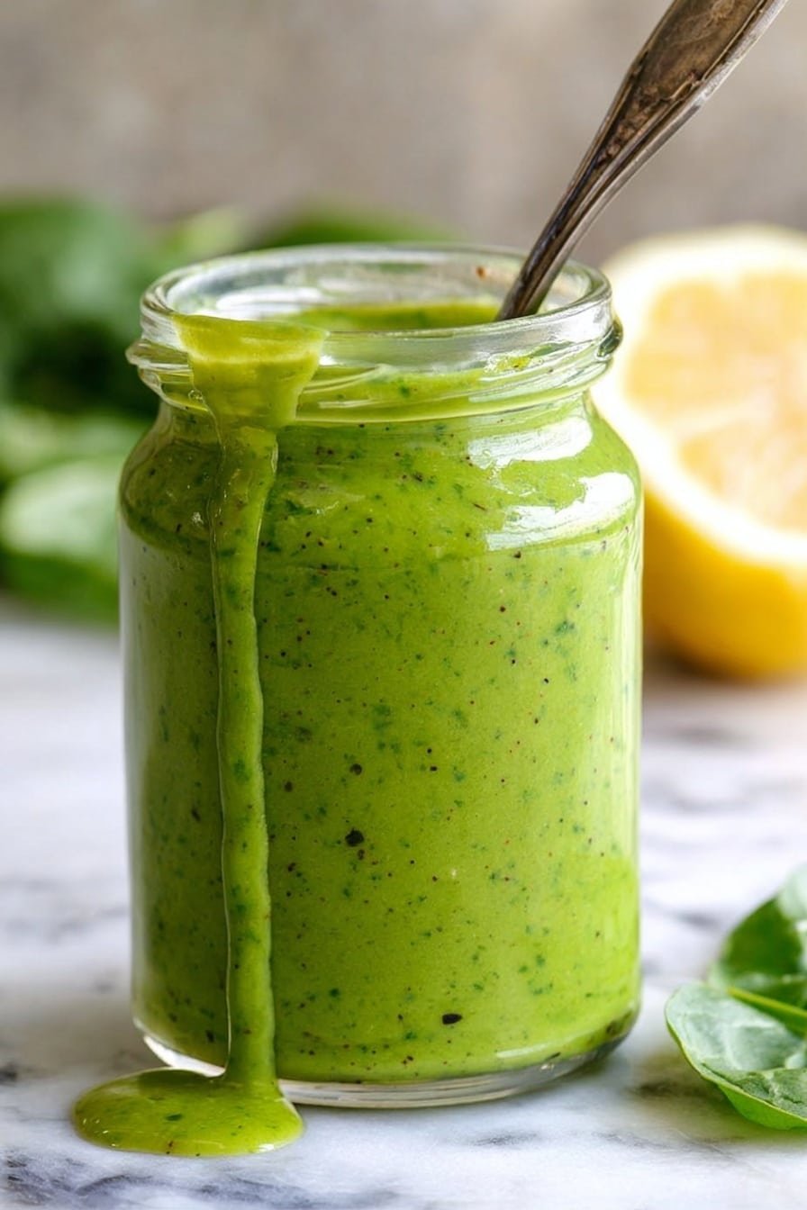 A clear glass jar filled with thick bright green sauce, with small dark green specks mixed throughout, slightly overflowing and dripping down the side, with a small drop on the white marbled surface below; a metal spoon is sticking out of the jar. In the blurry background, there is a half lemon showing pale yellow inside and some fresh green leaves. Photo taken with an iphone --ar 2:3 --v 7 — Basil Vinaigrette, homemade basil vinaigrette, fresh basil dressing, lemon garlic vinaigrette, easy salad dressing