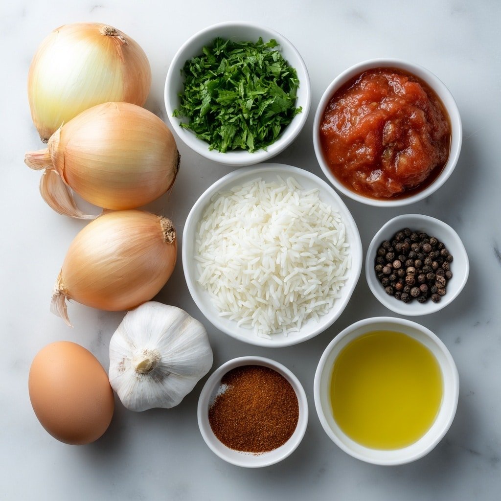 Greek Stuffed Onions Recipe - Ingredients Image — Greek Stuffed Onions, Greek Stuffed Onions Recipe, Stuffed Onion appetizer, Greek cuisine recipes, Mediterranean stuffed onion dish