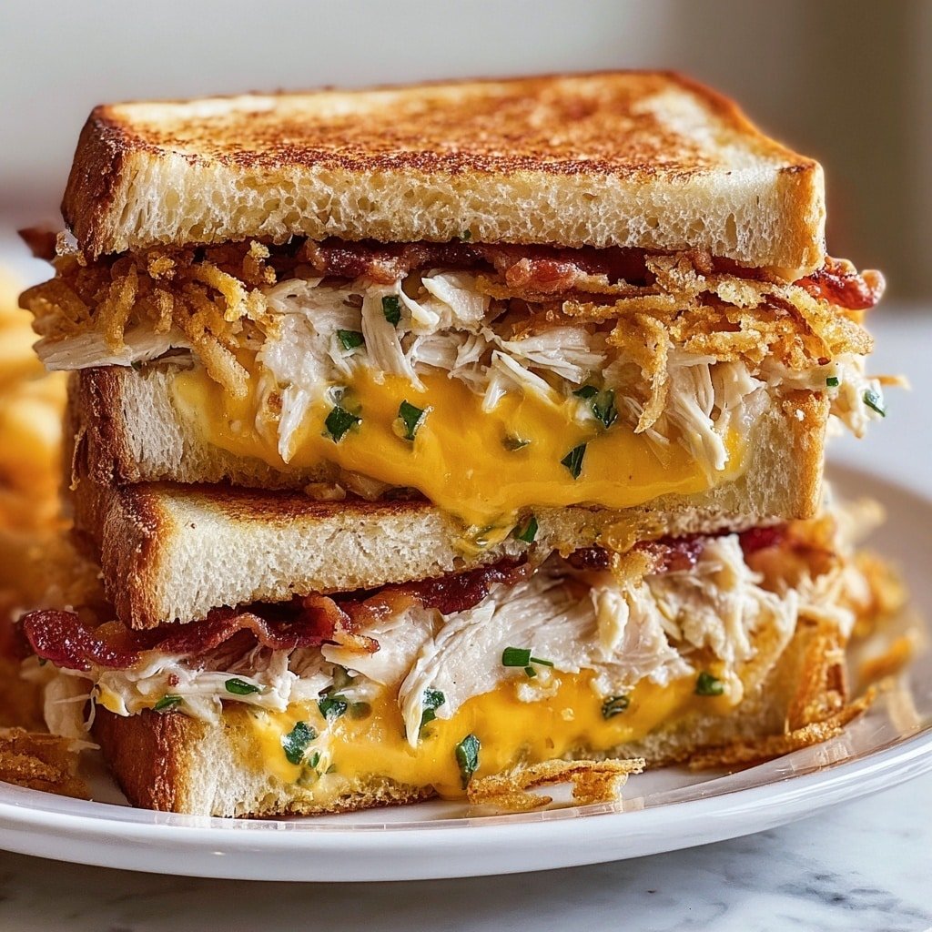 A close-up view of a stacked grilled sandwich with three layers of golden toasted white bread. Between the bottom and middle bread layers, there is a bright yellow melted cheese with small green herb pieces, topped with crispy fried onions peeking out. Between the middle and top bread layers, shredded white chicken mixed with green herbs is layered with crispy bacon strips and the same yellow melted cheese. The sandwich sits on a white plate on a white marbled surface. photo taken with an iphone --ar 1:1 --v 7 — Cheddar Bacon Ranch Chicken Bake, chicken bake with cheddar and bacon, cheesy chicken bake, bacon ranch chicken casserole, easy chicken bake recipes