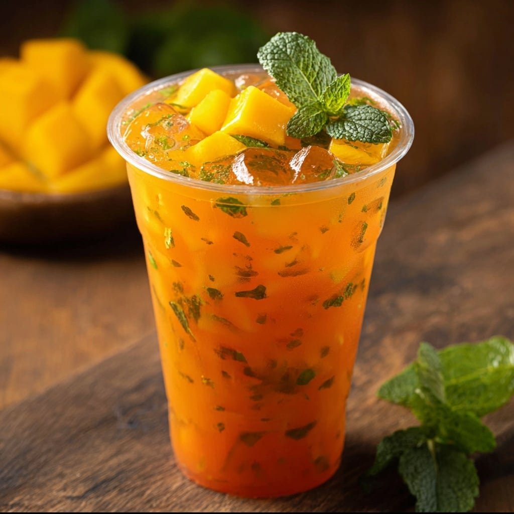 The image shows a clear plastic cup filled with a bright orange drink mixed with ice cubes and small pieces of green herbs. On top, there is a generous layer of yellow mango cubes, and a fresh green mint sprig is placed as a garnish at the center. The cup is set on a brown wooden surface with blurred pieces of mango and a melon visible in the background, all shot on a white marbled texture. The drink looks cold and refreshing with a mix of smooth and chunky textures. Photo taken with an iphone --ar 1:1 --v 7 — Mango Iced Tea, Mango Iced Tea Recipe, Tropical Iced Tea, Refreshing Mango Drink, Easy Mango Iced Tea
