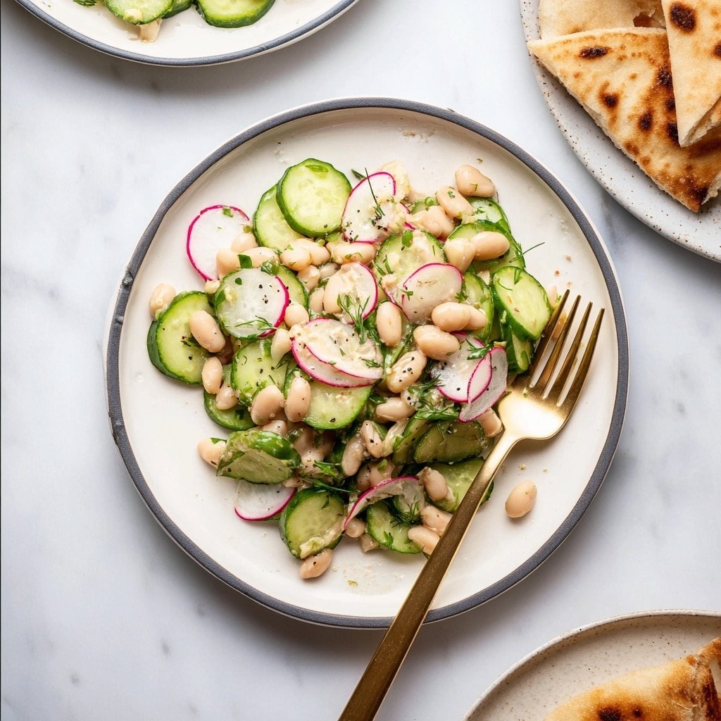 The image shows a close-up of a white plate filled with a fresh salad made of three main layers: pale beige beans forming the thick base layer, bright green cucumber slices with a smooth texture scattered evenly on top, and thin strips of white onion and red radish mixed throughout. The ingredients are garnished with small green dill sprigs and black pepper flakes sprinkled lightly across the salad. Around the plate, parts of similar dishes and a few pieces of cut pita bread on another white plate are visible, all placed on a white marbled surface. Photo taken with an iphone --ar 1:1 --v 7 — Dilly White Bean Cucumber Salad, white bean cucumber salad, fresh bean salad, lemon dill salad, healthy vegetable salad