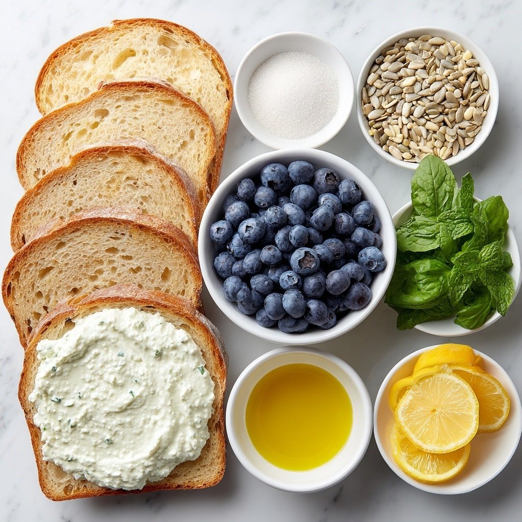 Flat lay of fresh sourdough bread slices stacked neatly, a small white bowl of vegan ricotta with a creamy texture, a small white bowl filled with plump fresh blueberries, a small white bowl containing granulated sugar, a whole bright lemon cut in half showing fresh juice, a small white bowl of light golden olive oil, a bunch of vibrant green mint and basil leaves loosely arranged, a small white bowl with sunflower seeds, a small white bowl with nutritional yeast flakes, a small white bowl of cornstarch powder, a small white bowl holding vegan butter with a smooth surface, all arranged symmetrically on a simple white ceramic background, placed on a clean white marble surface, soft natural light, photo taken with an iPhone, professional food photography style, fresh ingredients, white ceramic bowls, no bottles, no duplicates, no utensils, no packaging --ar 1:1 --v 7 --p m7354639359234015250 — Vegan Blueberry Grilled Cheese with Mint Pesto, vegan blueberry grilled cheese, mint pesto grilled cheese, vegan grilled cheese recipes, fruity vegan sandwich