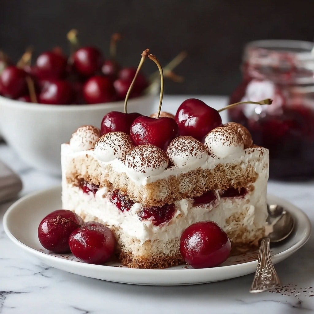 A square piece of layered dessert sits on a white plate with a silver spoon beside it. The dessert has three main layers: a bottom light brown cake layer, a thick white creamy layer above it, and another light brown cake layer topped with white cream shaped in rounded dollops dusted with cocoa powder. Bright red cherries with green stems are placed on top of the cream, and some cherry sauce drips down the sides. A few cherries rest on the plate near the dessert. In the background, there is a white bowl filled with cherries and a glass container with cherry sauce, all set on a white marbled surface. Photo taken with an iphone --ar 1:1 --v 7 — Cherry Amaretto Tiramisu, cherry amaretto dessert, Italian tiramisu with cherries, easy cherry tiramisu recipe, layered cherry tiramisu
