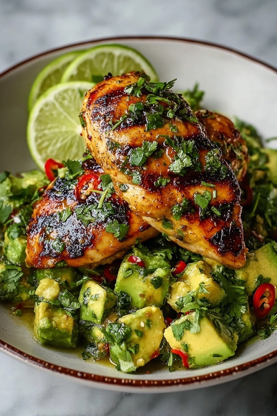 In a white speckled bowl sitting on a white marbled surface, a base layer of fluffy white rice fills half the bowl. On top of the rice and centered is a pile of grilled chicken pieces that are golden brown with char marks and sprinkled green herbs. To one side of the chicken, there are chunks of bright green avocado mixed with red chili flakes and herbs, adding vibrant color and texture. Two lime wedges with a light green rind and juicy interior rest on the rice beside the chicken. The dish is garnished with chopped cilantro scattered over the chicken and around the bowl. photo taken with an iphone --ar 2:3 --v 7 — Honey Lime Chicken with Avocado Rice, honey lime chicken, avocado rice recipe, citrus chicken and avocado dish, easy chicken avocado dinner