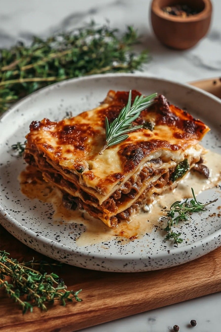 Mushroom Spinach Lasagna Recipe - Article Image 2 — Mushroom Spinach Lasagna, vegetarian lasagna recipe, easy mushroom lasagna, healthy spinach lasagna, cheesy mushroom bake