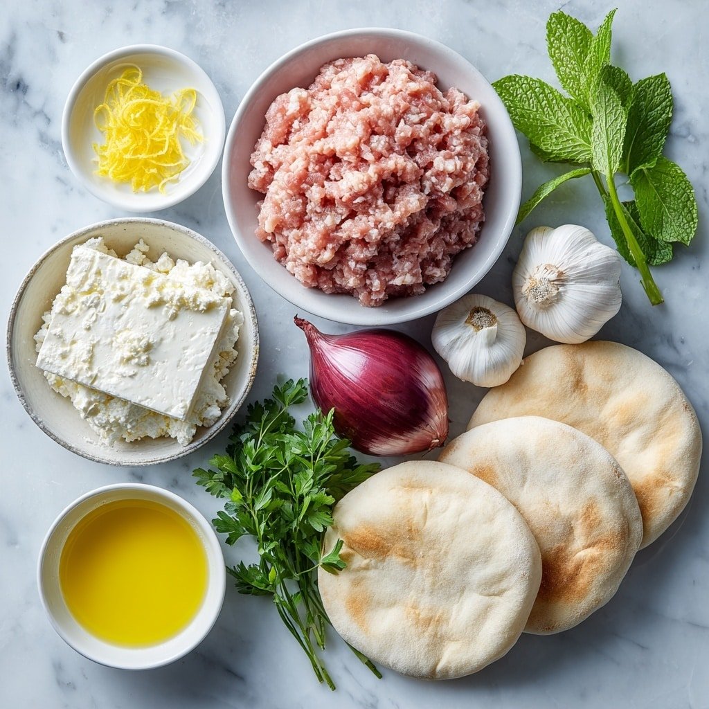 Flat lay of a small mound of lean raw ground chicken, a block of creamy white feta cheese with crumbly texture, one medium whole red onion with smooth purple-red skin, two whole uncracked garlic cloves with papery white skins, a small white bowl of bright yellow lemon juice, a few strands of lemon zest curled gently, a small bunch of fresh mint leaves with vibrant green color, a small bunch of fresh parsley with lush green flat leaves, a small white bowl filled with golden olive oil, and four whole round pita breads with lightly puffed, pale golden crusts arranged neatly around the ingredients, all placed on a clean white marble surface, soft natural light, photo taken with an iPhone, professional food photography style, fresh ingredients, white ceramic bowls, no bottles, no duplicates, no utensils, no packaging --ar 1:1 --v 7 --p m7354639359234015250 — Crispy Chicken Feta Pitas, chicken feta pita recipe, easy chicken pita ideas, healthy chicken pita lunches, flavorful chicken feta wraps