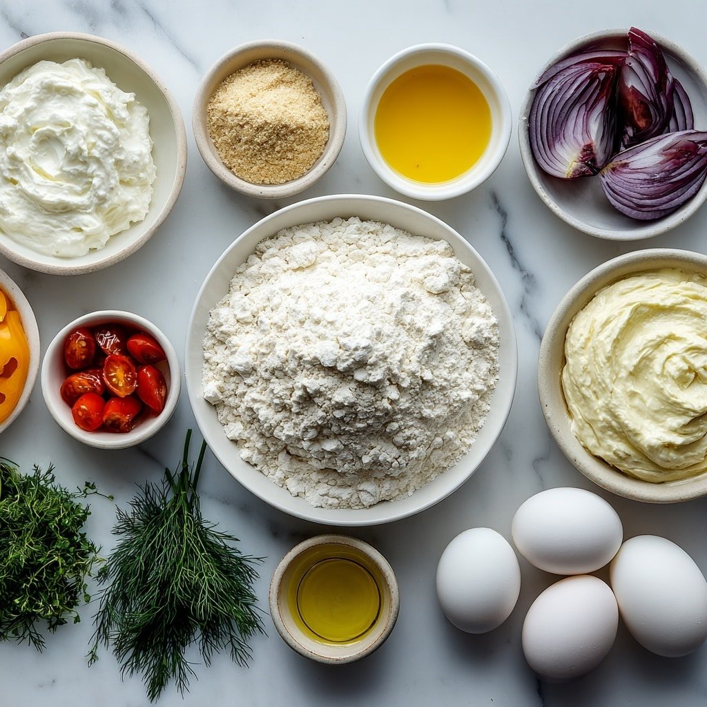 Flat lay of a mound of white all-purpose flour, a small white bowl of warm water, a packet of quick rise yeast broken open with visible granules, a small white bowl of golden olive oil, a small white bowl of thick plain Greek yogurt, a small white bowl of vibrant Greek marinade, a small white bowl of minced fresh garlic, a neat stack of twelve strips of cooked gyro meat, thin rings of purple-red shallot, halved glossy red cherry tomatoes, thin rings of bright orange bell pepper, sliced pale green artichoke hearts, chopped brown portabella mushrooms, a small bunch of fresh green dill sprigs, a small white bowl of fresh lemon juice, thin slices of light green English cucumber, and two clean white eggs, all arranged with perfect symmetry on simple white ceramic dishes and bowls, placed on a clean white marble surface, soft natural light, photo taken with an iPhone, professional food photography style, fresh ingredients, white ceramic bowls, no bottles, no duplicates, no utensils, no packaging --ar 1:1 --v 7 --p m7354639359234015250 — Gyro Pizza with Tzatziki Sauce, homemade gyro pizza recipe, Greek-inspired pizza, easy gyro pizza with creamy sauce, flavorful Mediterranean pizza