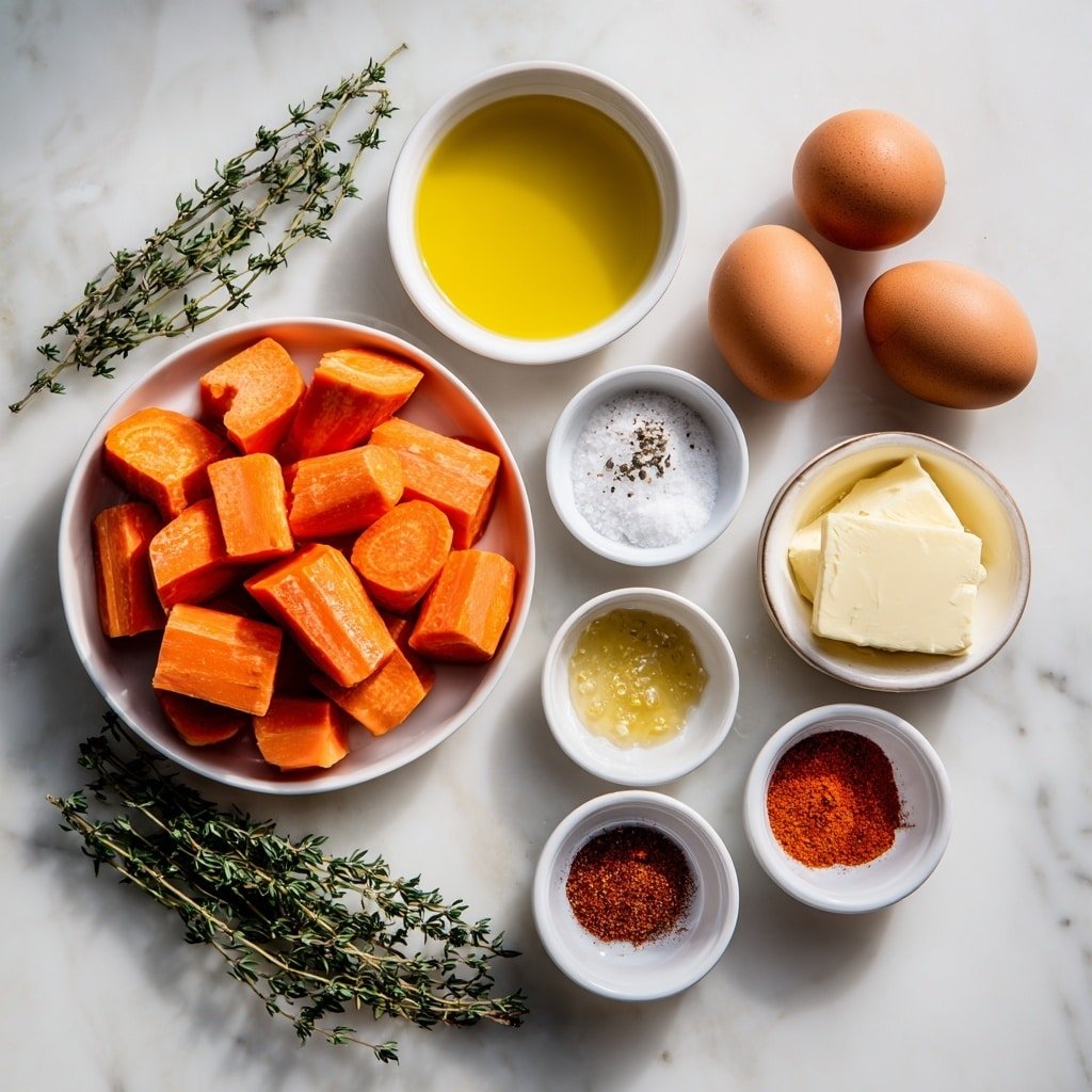 Flat lay of peeled carrot chunks cut into 2-inch pieces arranged beside two brown whole uncracked eggs, a small white bowl of golden extra virgin olive oil, a small white bowl of softened butter, a small white bowl of amber honey, a small white bowl of coarse kosher salt, a small white bowl of freshly ground black pepper, a small white bowl of bright red cayenne pepper powder, and a few sprigs of fresh green thyme all evenly spaced in perfect symmetry on a simple white ceramic surface placed on a clean white marble surface, soft natural light, photo taken with an iPhone, professional food photography style, fresh ingredients, white ceramic bowls, no bottles, no duplicates, no utensils, no packaging --ar 1:1 --v 7 --p m7354639359234015250 — Honey Roasted Carrots, Honey Roasted Carrots Recipe, Carrot Side Dish, Easy Roasted Carrots, Healthy Vegetable Side