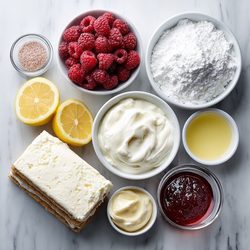 Flat lay of a small heap of fresh frozen raspberries beginning to thaw, a small white bowl of granulated sugar, a few fresh lemon slices, a small white bowl of powdered sugar, a smooth mound of cold mascarpone cheese, a small white bowl of heavy cream, a small white bowl of clear raspberry syrup with a few crushed raspberries inside, a neat stack of ladyfinger cookies, a small white bowl of pale yellow lemon juice, and a small white bowl containing vanilla paste, placed on a clean white marble surface, soft natural light, photo taken with an iPhone, professional food photography style, fresh ingredients, white ceramic bowls, no bottles, no duplicates, no utensils, no packaging --ar 1:1 --v 7 --p m7354639359234015250 — Raspberry Tiramisu, raspberry tiramisu recipe, homemade raspberry dessert, easy raspberry tiramisu, fruity mascarpone dessert