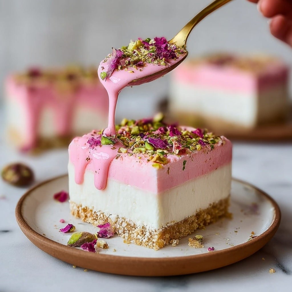 The image shows a square dessert with three clear layers on a white plate with a slightly rough texture and a thin brown rim. The bottom layer is crumbly and light brown, the middle layer is thick and creamy white, and the top layer is a vibrant pink mousse or cream. The top is decorated with scattered green pistachio nuts and red berry bits. The plate is placed on a white marbled surface with parts of another piece of the same dessert in the background. Photo taken with an iphone --ar 1:1 --v 7 — Pistachio Rose Milk Cake, floral nutty cake, easy pistachio rose cake, homemade pistachio cake, delicate floral dessert