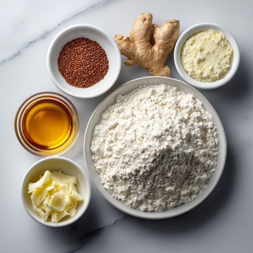 Flat lay of a small mound of sifted all-purpose flour on a simple white ceramic plate, a small white bowl filled with golden honey, a small white bowl with clear water, a few thin curls of freshly grated ginger arranged neatly on the side, a small white bowl containing amber sesame oil, and a small white bowl with pale, translucent rice wine, all placed with perfect symmetry on a clean white marble surface, soft natural light, photo taken with an iPhone, professional food photography style, fresh ingredients, white ceramic bowls, no bottles, no duplicates, no utensils, no packaging --ar 1:1 --v 7 --p m7354639359234015250 — Crispy Korean Honey Cookies, Korean Honey Cookies Recipe, Yakgwa Cookies, Honey-glazed Korean Cookies, Easy Korean Cookie Recipe