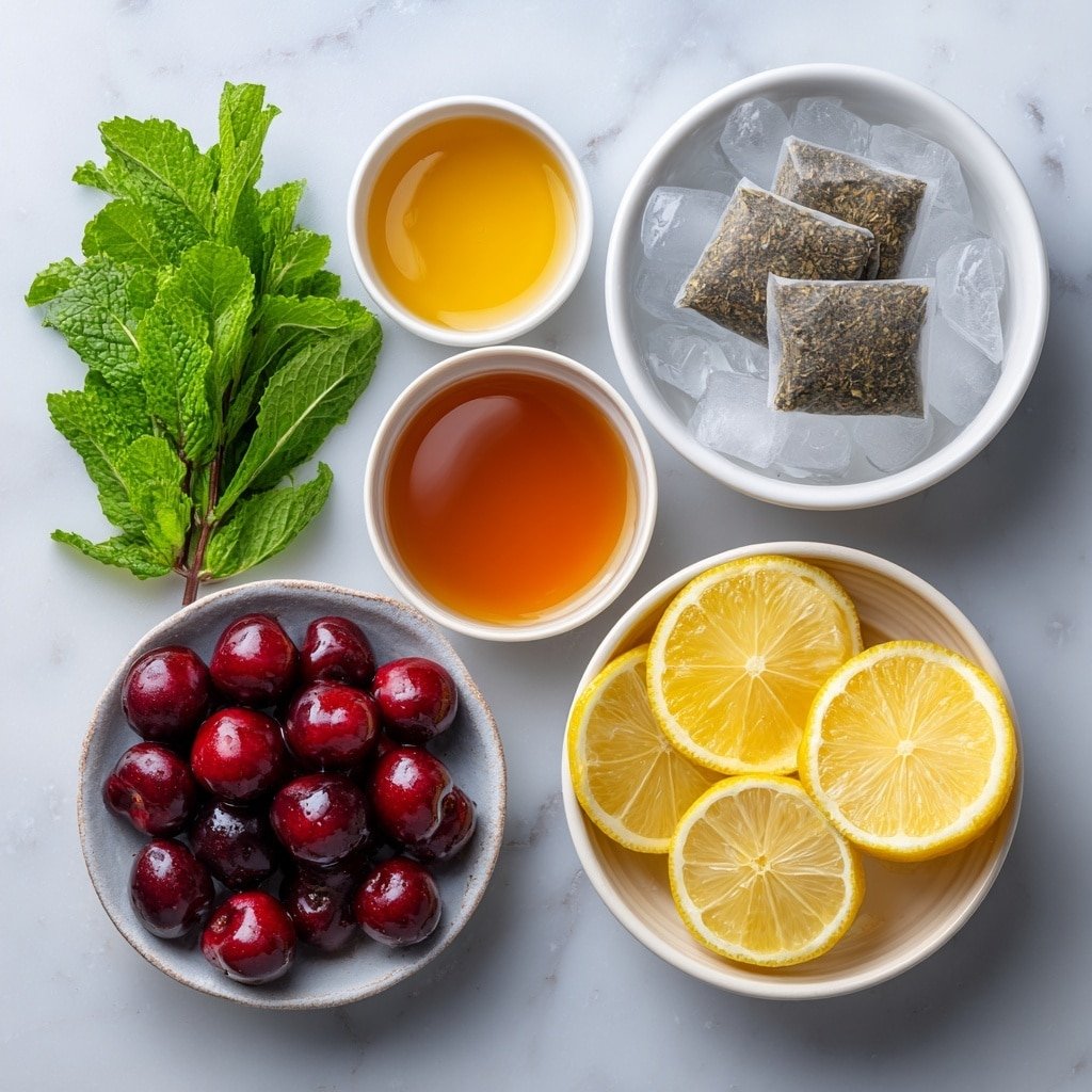 Flat lay of four black tea bags arranged neatly, a small white bowl of deep red cherry juice, a handful of fresh pitted cherries with vibrant red skin, a small white bowl of golden honey, a small white bowl of clear vanilla extract, a few fresh green mint sprigs, bright yellow lemon slices arranged symmetrically, a simple white ceramic bowl filled with clear ice cubes, placed on a clean white marble surface, soft natural light, photo taken with an iPhone, professional food photography style, fresh ingredients, white ceramic bowls, no bottles, no duplicates, no utensils, no packaging --ar 1:1 --v 7 --p m7354639359234015250 — Cherry Iced Tea, Black Tea with Cherry, Refreshing Cherry Iced Tea, Homemade Cherry Iced Tea, Summer Cherry Iced Tea