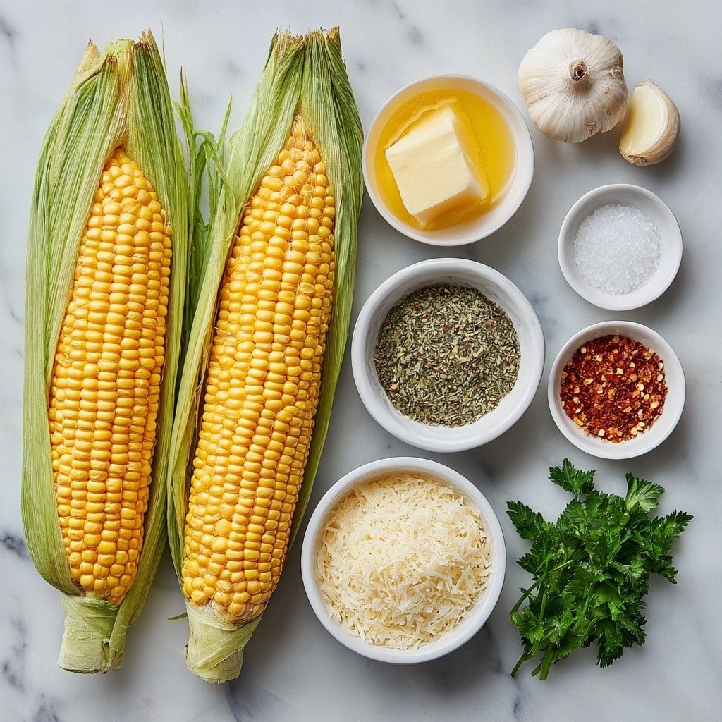 Flat lay of fresh corn cobs with bright yellow kernels and green husks partially peeled back, a small white bowl of golden melted butter, four peeled garlic cloves, a small white bowl of coarse salt, a small white bowl of whole black peppercorns, a small white bowl of mixed Italian herbs with visible dried oregano and basil leaves, a small white bowl of red pepper flakes, a small white bowl filled with finely grated Parmesan cheese, and a small white bowl holding a few sprigs of fresh bright green parsley placed symmetrically on a clean white marble surface, soft natural light, photo taken with an iPhone, professional food photography style, fresh ingredients, white ceramic bowls, no bottles, no duplicates, no utensils, no packaging --ar 1:1 --v 7 --p m7354639359234015250 — Garlic Parmesan Corn on the Cob, garlic Parmesan corn side dish, summer corn recipes, cheesy corn on the cob, easy corn on the cob sides