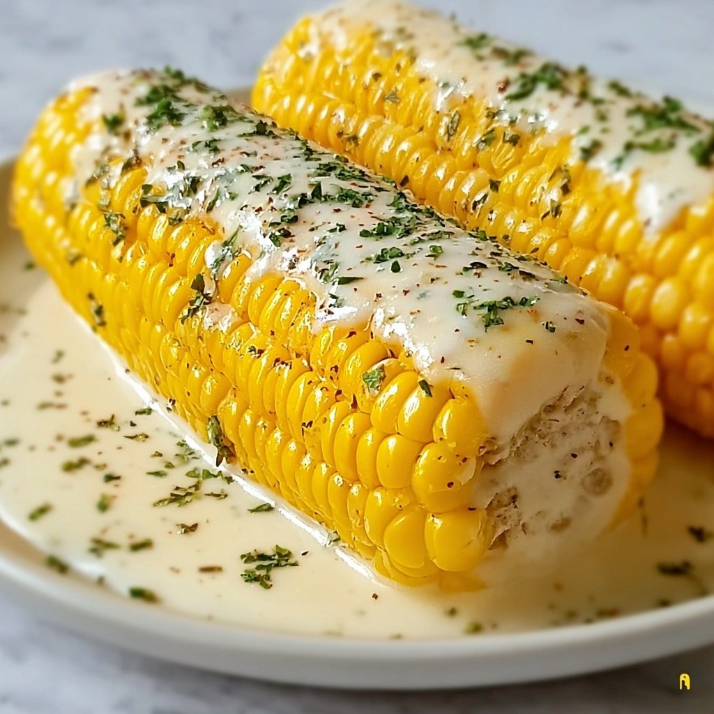 Two corn on the cob pieces are placed side by side on a white plate with a white marbled texture background. The corn is bright yellow with plump kernels, covered in a creamy white sauce that pools slightly at the bottom of the plate. Small green herb flakes and black pepper are evenly sprinkled on top of the sauce and corn, adding texture and color contrast. The lighting makes the sauce look glossy, and the corn looks tender and juicy. Photo taken with an iphone --ar 1:1 --v 7 — Garlic Parmesan Corn on the Cob, garlic Parmesan corn side dish, summer corn recipes, cheesy corn on the cob, easy corn on the cob sides