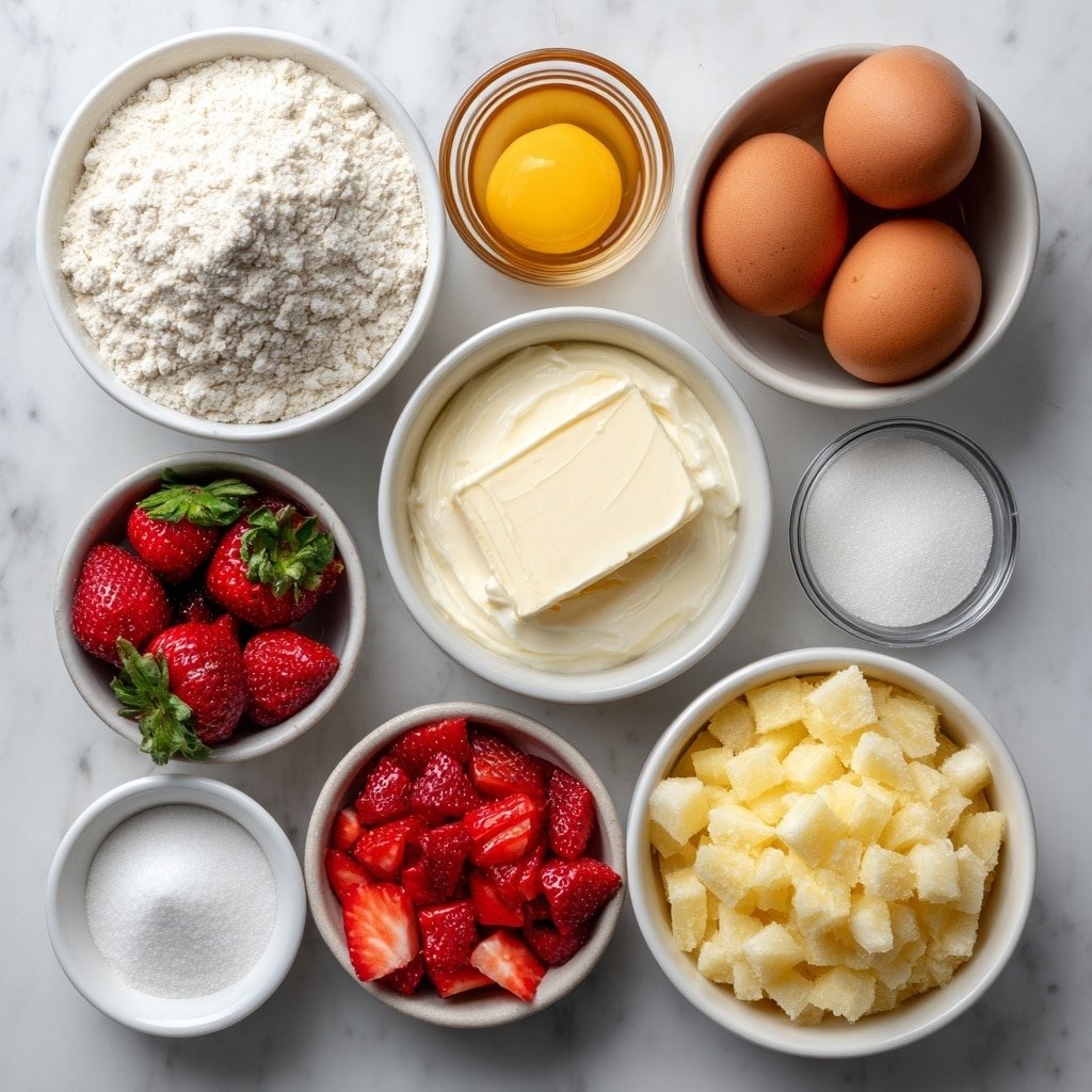 Flat lay of a small mound of all-purpose flour, a half cup of unsalted butter in a simple white ceramic bowl, a half cup of granulated sugar in a white bowl, four whole uncracked brown eggs, a small white bowl of sour cream, a small white bowl of golden crushed pineapple, a small white bowl with diced fresh red strawberries, a small white bowl with clear vanilla extract, and a small white bowl with baking powder, all arranged symmetrically in perfect proportions on a clean white marble surface, soft natural light, photo taken with an iPhone, professional food photography style, fresh ingredients, white ceramic bowls, no bottles, no duplicates, no utensils, no packaging --ar 1:1 --v 7 --p m7354639359234015250 — Strawberry Pineapple Pound Cake, fruity pound cake recipe, easy summer dessert, tropical fruit Bundt cake, homemade pound cake with fruit