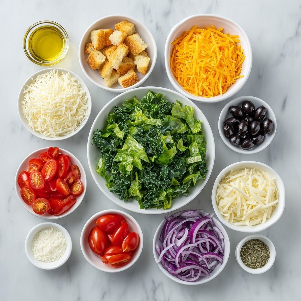Flat lay of chopped green lettuce leaves, shredded deep purple red cabbage, thin julienne carrot strips, thin slices of red onion, whole black olives, two sliced ripe roma tomatoes, whole green pepperoncinis, golden brown croutons, grated pale yellow Parmesan cheese in a small white ceramic bowl, extra virgin olive oil in a small white ceramic bowl, white vinegar in a small white ceramic bowl, clear water in a small white ceramic bowl, grated Romano cheese in a small white ceramic bowl, granulated white sugar in a small white ceramic bowl, smooth pale mayo in a small white ceramic bowl, Dijon mustard in a small white ceramic bowl, dried Italian seasoning in a small white ceramic bowl, fine white salt in a small white ceramic bowl, ground black pepper in a small white ceramic bowl, light beige garlic powder in a small white ceramic bowl, all arranged symmetrically on a clean white marble surface, soft natural light, photo taken with an iPhone, professional food photography style, fresh ingredients, white ceramic bowls, no bottles, no duplicates, no utensils, no packaging --ar 1:1 --v 7 --p m7354639359234015250 — Olive Garden Salad with Zesty Dressing, Olive Garden Salad, Copycat Olive Garden Salad, Easy Italian Salad Recipe, Vibrant Salad Side Dish