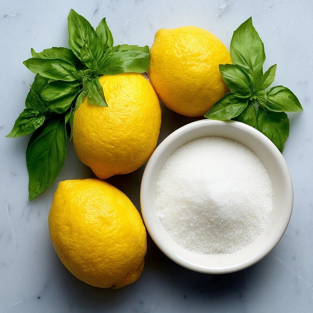 Flat lay of fresh whole lemons, a small bunch of vibrant green basil leaves, a simple white ceramic bowl filled with white granulated sugar, and a small white ceramic bowl of clear filtered water, placed on a clean white marble surface, soft natural light, photo taken with an iPhone, professional food photography style, fresh ingredients, white ceramic bowls, no bottles, no duplicates, no utensils, no packaging --ar 1:1 --v 7 --p m7354639359234015250 — Lemon Basil Sorbet, refreshing lemon basil dessert, homemade sorbet with lemon and basil, easy lemon basil frozen treat, summer citrus basil sorbet