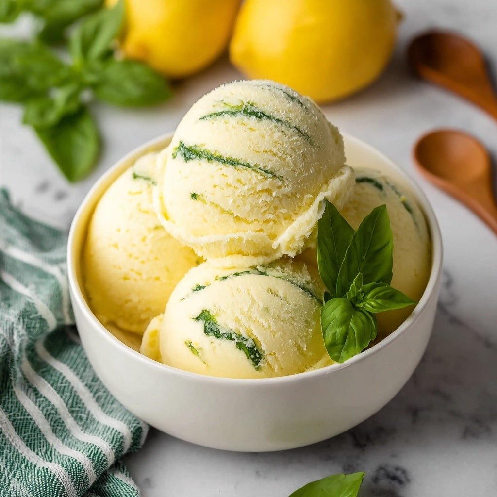 A close-up view of three pale yellow ice cream scoops in a white rustic bowl, each scoop has a thin green line running around the middle like a stripe. In the center on top, there is a small sprig of fresh green basil leaves adding a pop of color. Around the bowl, there are fresh yellow lemons and lemon halves along with a few green basil leaves scattered on a white marbled surface. A light blue cloth is casually placed next to the bowl. The image is bright and fresh looking, with smooth and slightly textured ice cream surfaces. photo taken with an iphone --ar 1:1 --v 7 — Lemon Basil Sorbet, refreshing lemon basil dessert, homemade sorbet with lemon and basil, easy lemon basil frozen treat, summer citrus basil sorbet