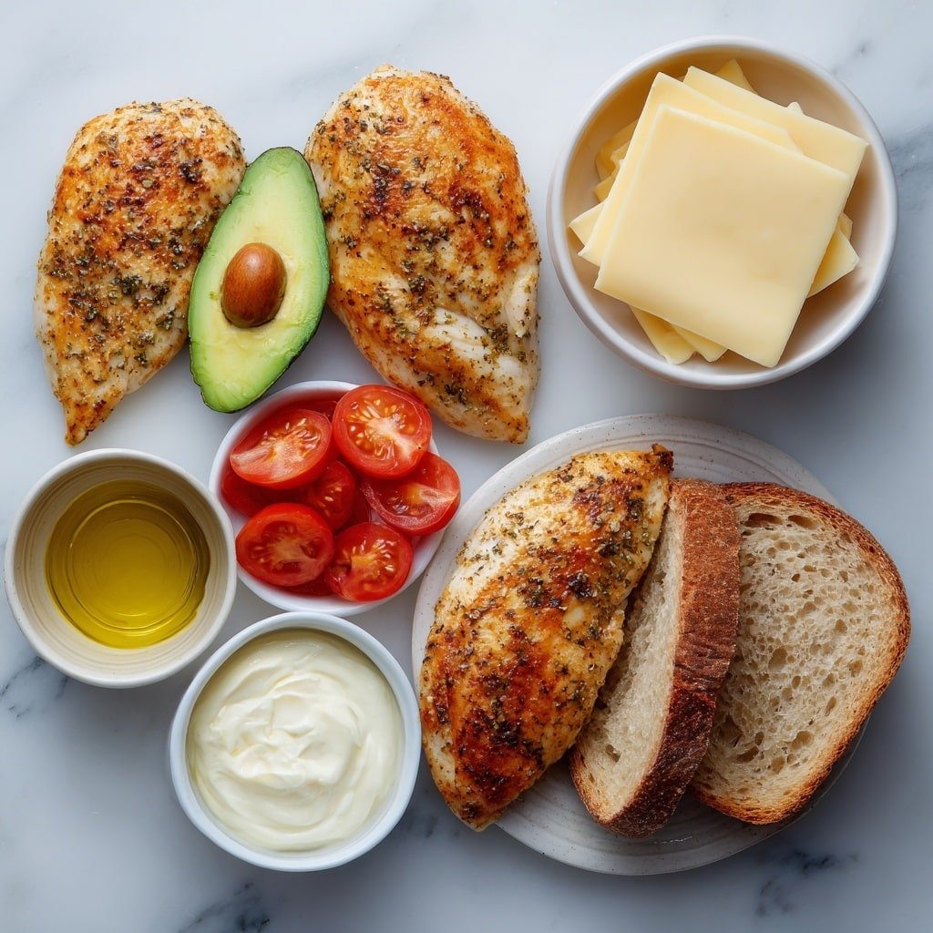 Flat lay of two boneless skinless chicken breasts seasoned with salt and pepper, a small white bowl of golden olive oil, a ripe avocado sliced in half showing creamy green flesh, four slices of pale yellow Swiss cheese, four slices of rustic sourdough bread, a small white bowl with creamy mayonnaise, a small white bowl with smooth Dijon mustard, thinly sliced rings of small red onion, thin bright red tomato slices, and a small white bowl with golden butter, all arranged symmetrically on a clean white marble surface, soft natural light, photo taken with an iPhone, professional food photography style, fresh ingredients, white ceramic bowls, no bottles, no duplicates, no utensils, no packaging --ar 1:1 --v 7 --p m7354639359234015250 — Chicken Avocado Melt Sandwich, easy chicken sandwich recipes, cheesy toasted sandwiches, quick lunch ideas, avocado chicken sandwich
