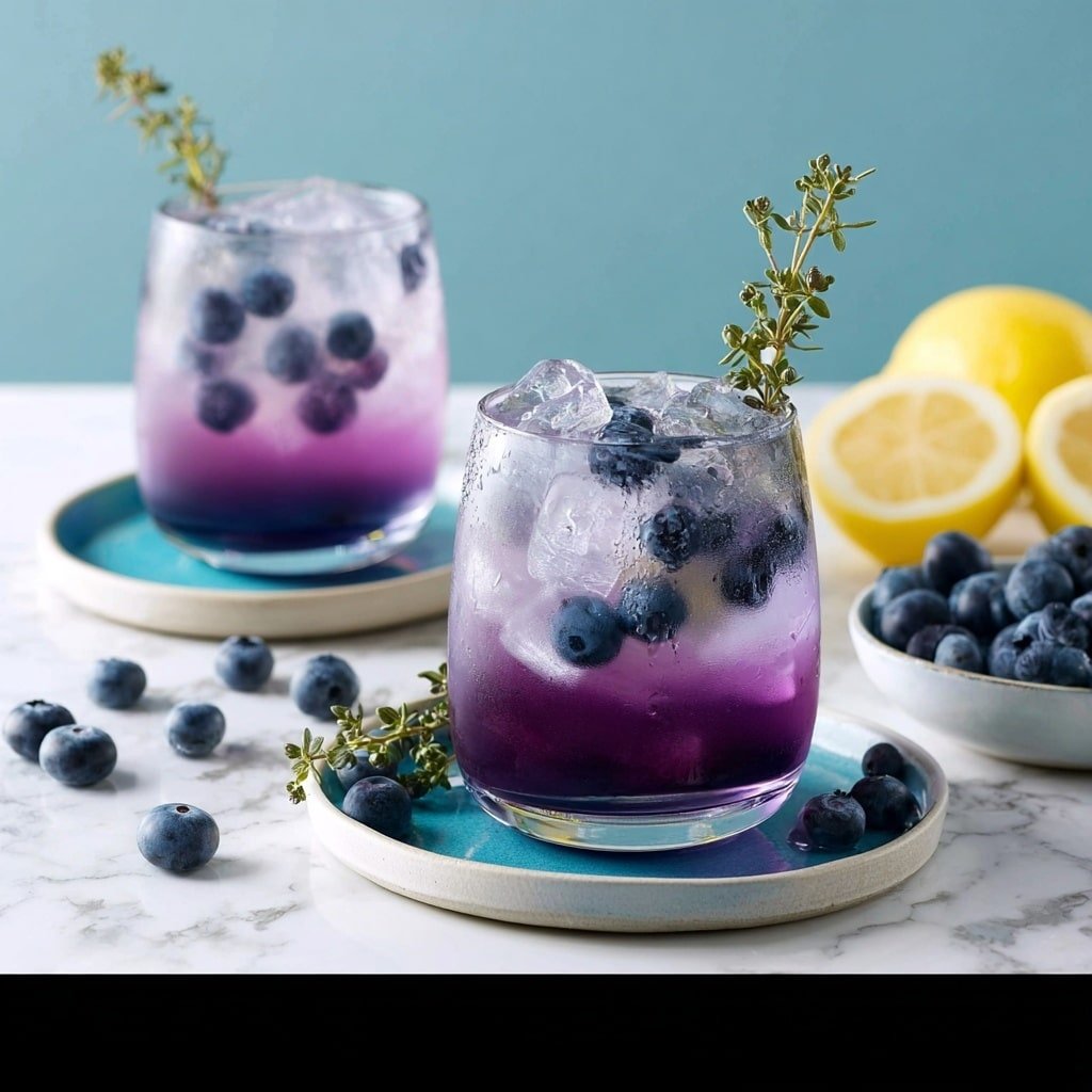 Two clear glasses sit on a small wooden board, each filled with three visible layers: a bottom purple layer with whole blueberries, a middle clear layer with big ice cubes, and a top clear fizzy layer with bubbles. Each glass has a green thyme sprig standing straight up among the blueberries and ice. Around the glasses, some loose blueberries are scattered on a white marbled surface. In the background, a small white bowl full of blueberries is on the left, and on the right, there is a jar with green herbs and half a yellow lemon slice partly visible. The photo is taken with an iphone --ar 1:1 --v 7 — Blueberry Gin Fizz, blueberry cocktail, gin drinks, summer cocktails, easy cocktail recipes