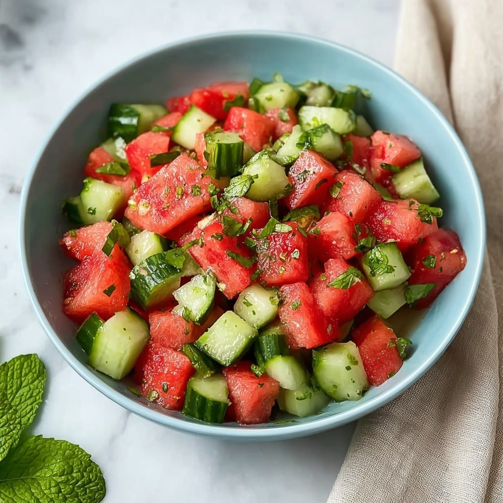 A light blue bowl filled with a mix of red watermelon cubes and green cucumber pieces with dark green skin, all cut into small chunks. The salad is garnished with small bits of chopped green herbs scattered evenly on top. The bowl rests on a white marbled surface, with a beige cloth partly visible on the right side and a green mint leaf near the bottom left corner. The overall look is fresh and colorful. photo taken with an iphone --ar 1:1 --v 7 — Refreshing Watermelon Cucumber Salad, watermelon cucumber salad, summer fruit salad, healthy watermelon salad, easy cucumber salad