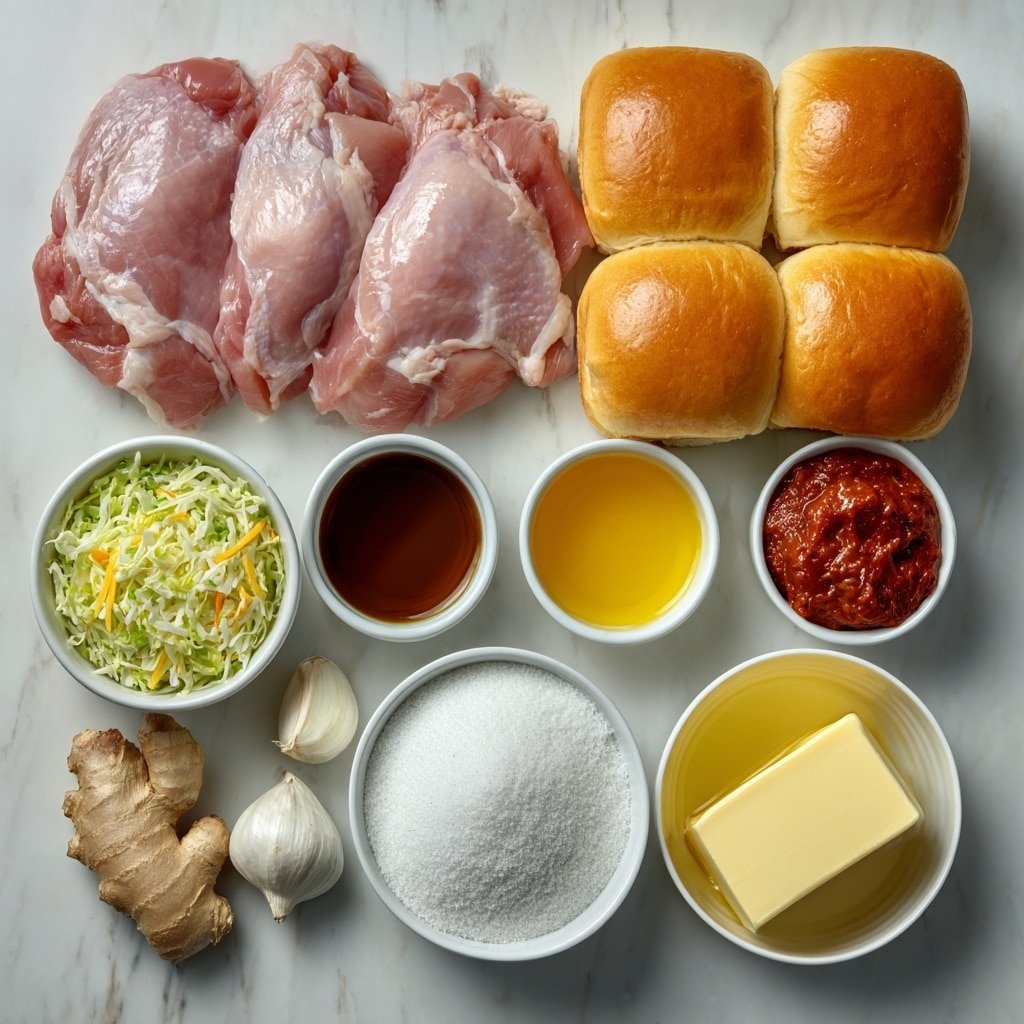 Flat lay of boneless skinless chicken thighs, a small white bowl of dark soy sauce, a small white bowl of rich brown sugar, a small white bowl of golden honey, a small white bowl of bright red gochujang, a small white bowl of clear rice vinegar, a small white bowl of amber sesame oil, four whole garlic cloves with smooth white skins, a piece of fresh ginger root with light brown skin, a heap of shredded green and red cabbage, a pile of julienned bright orange carrots, a small white bowl of creamy mayonnaise, a small white bowl of white granulated sugar, four golden brioche sandwich buns with a soft shiny crust, a small white bowl of pale yellow butter placed on a clean white marble surface, soft natural light, photo taken with an iPhone, professional food photography style, fresh ingredients, white ceramic bowls, no bottles, no duplicates, no utensils, no packaging --ar 1:1 --v 7 --p m7354639359234015250 — Korean BBQ Chicken Sandwich with Cabbage Slaw, Korean BBQ Chicken Sandwich, Chicken Sandwich with Cabbage Slaw, Easy Korean Chicken Sandwich, Korean-inspired sandwich recipes