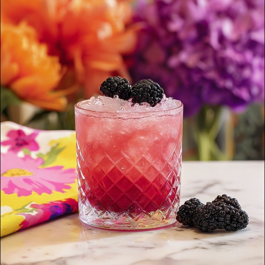 A clear glass with a diamond pattern holds a cold pink drink filled with crushed ice that creates a frosty texture. On top, two fresh dark blackberries sit as garnish, adding a shiny black contrast. Next to the glass on the right, a small cluster of three more blackberries rests beside a colorful cloth with bright pink, yellow, and white floral designs. The glass is placed on a white marbled surface, and the background is softly blurred with vibrant purple, pink, and orange flowers. photo taken with an iphone --ar 1:1 --v 7 — Pink Moon Cocktail with Gin and Violette, floral gin cocktails, easy violet cocktail recipe, colorful spring drinks, sophisticated gin cocktail