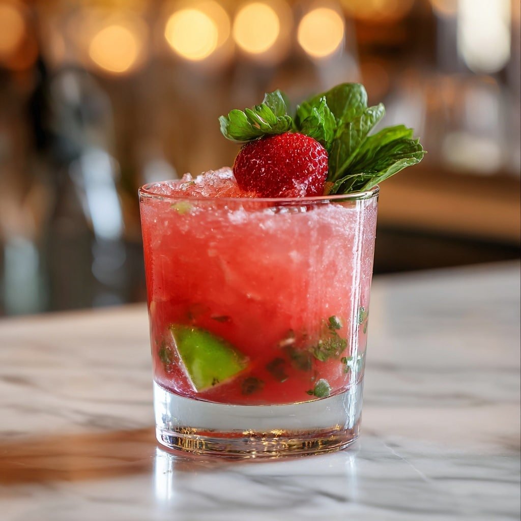 A clear glass filled with crushed ice holds a pink drink showing light and darker pink layers, with small pieces of green mint leaves visible inside. On top, there is one whole bright red strawberry, a fresh green lime wedge placed at the edge, and two mint leaves standing upright behind them. The glass is on a white marbled surface with soft, warm blurry lights in the background. photo taken with an iphone --ar 1:1 --v 7 — Pink Coconut Mojito, tropical pink mojito, strawberry coconut cocktail, refreshing pink mojito, easy coconut mojito