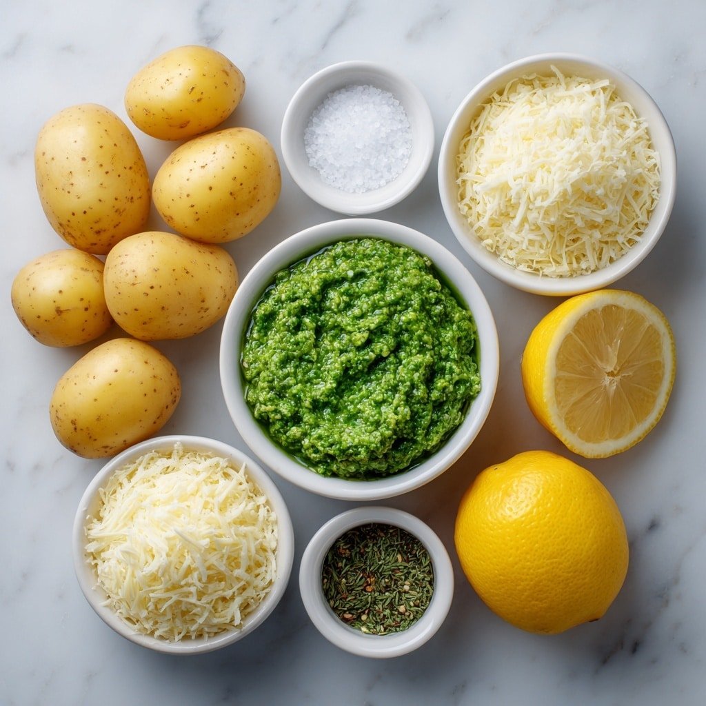 Flat lay of a small white ceramic bowl of bright green pesto, a handful of fresh baby potatoes with smooth yellow skins, a small white bowl filled with finely grated pale yellow parmesan cheese, half a fresh lemon sliced to reveal its juicy interior, a small white bowl of coarse kosher salt crystals, a small white bowl of freshly ground black pepper, all arranged symmetrically and balanced, placed on a clean white marble surface, soft natural light, photo taken with an iPhone, professional food photography style, fresh ingredients, white ceramic bowls, no bottles, no duplicates, no utensils, no packaging --ar 1:1 --v 7 --p m7354639359234015250 — Parmesan Pesto Roasted Potatoes, crispy roasted potatoes with pesto and Parmesan, easy potato side dish, flavorful roasted potatoes, homemade pesto potato recipe