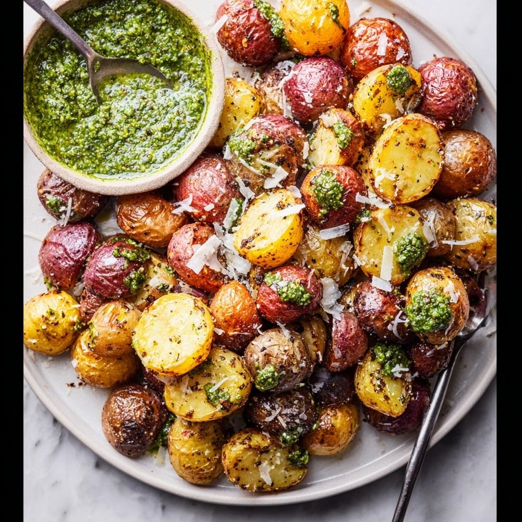 Parmesan Pesto Roasted Potatoes Recipe - Article Image 2 — Parmesan Pesto Roasted Potatoes, crispy roasted potatoes with pesto and Parmesan, easy potato side dish, flavorful roasted potatoes, homemade pesto potato recipe