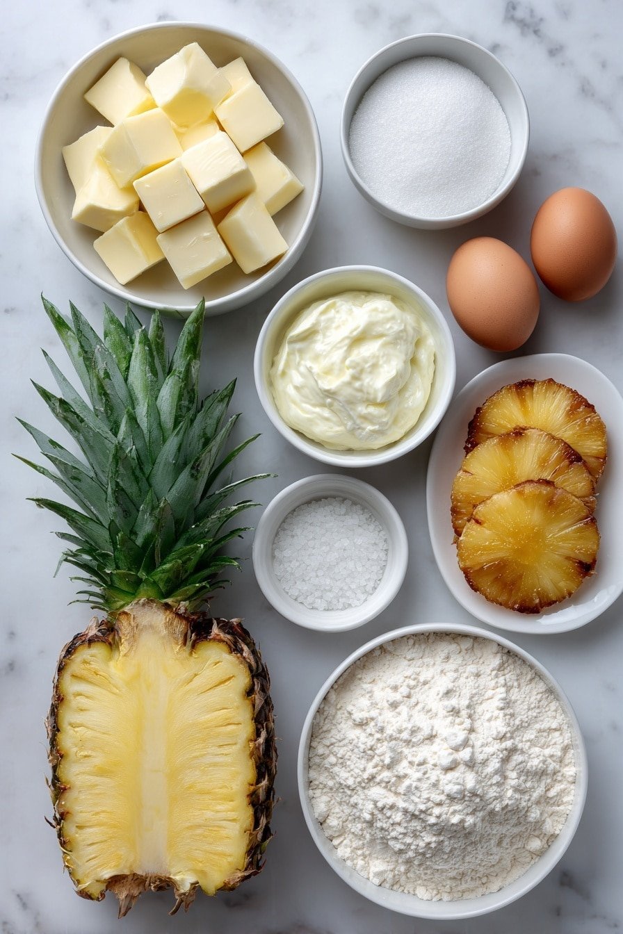 Flat lay of fresh whole pineapple with green leafy crown, a small white ceramic bowl of cubed butter, a small white ceramic bowl of granulated white sugar, a small white ceramic bowl of vanilla sugar, two whole uncracked brown eggs, a small white ceramic bowl of creamy mascarpone cheese, a small white ceramic bowl of plain white flour, a small white ceramic bowl of baking powder, a small white ceramic bowl holding fine sea salt crystals, and a small white ceramic plate with neatly arranged caramelized pineapple slices, all arranged symmetrically and balanced, placed on a clean white marble surface, soft natural light, photo taken with an iPhone, professional food photography style, fresh ingredients, white ceramic bowls, no bottles, no duplicates, no utensils, no packaging --ar 2:3 --v 7 --p m7354639359234015250 — Ananas Mascarpone Upside-Down Cake, pineapple upside-down cake with mascarpone, caramelized pineapple cake recipe, easy upside-down cake with mascarpone, comforting pineapple dessert