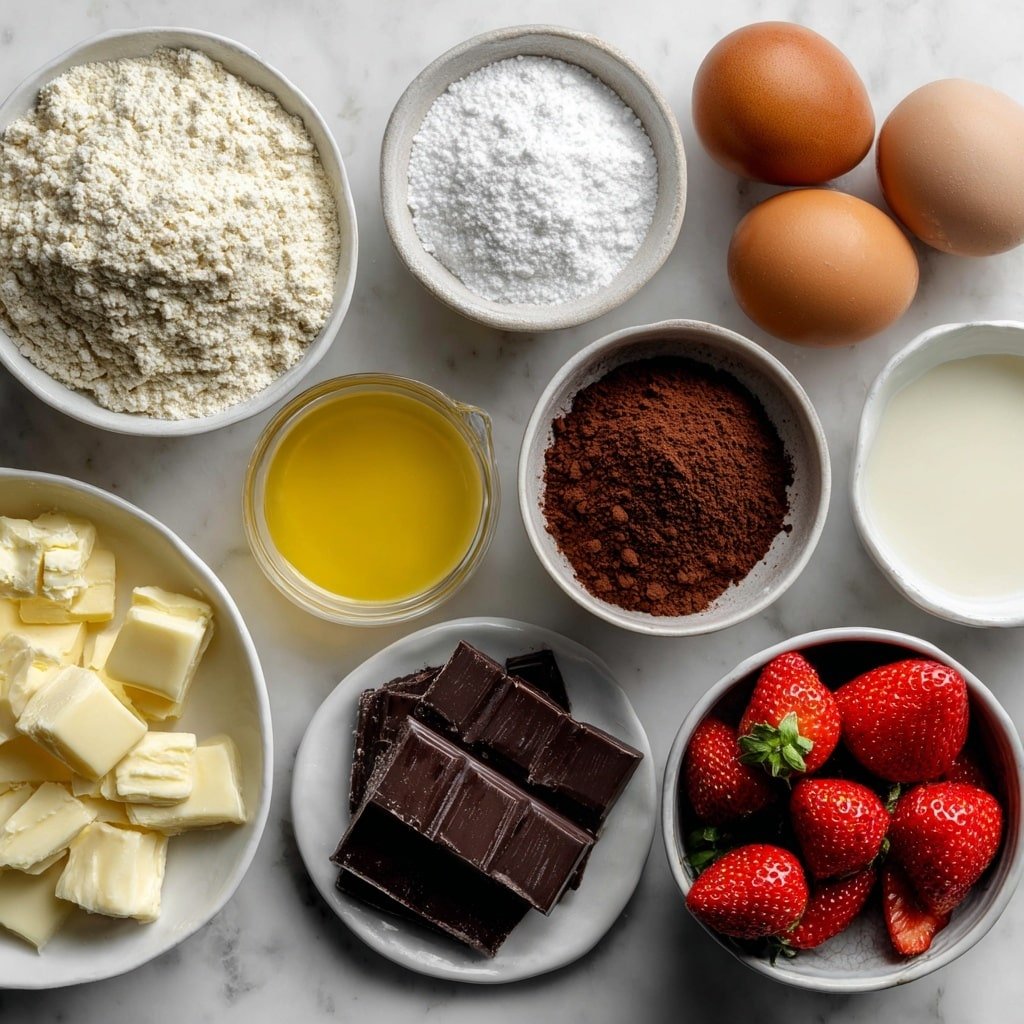 Flat lay of a small pile of gluten-free flour, a small bowl of granulated sugar, a small bowl of unsweetened cocoa powder, a small mound of baking powder powder, a small mound of baking soda powder, a small pile of sea salt crystals, a small white ceramic bowl of buttermilk, a small white ceramic bowl of vegetable oil, two large whole brown eggs with clean shells, a small white ceramic bowl of vanilla extract, a small white ceramic bowl of boiling water, a handful of fresh whole strawberries with green leaves, a small white ceramic bowl of lemon juice, several pieces of dark chocolate bars stacked neatly, a small white ceramic bowl of coconut oil placed on a clean white marble surface, soft natural light, photo taken with an iPhone, professional food photography style, fresh ingredients, white ceramic bowls, no bottles, no duplicates, no utensils, no packaging --ar 2:3 --v 7 --p m7354639359234015250 — Strawberry Chocolate Shell Cake, chocolate and strawberry dessert, easy layered fruit cake, elegant strawberry chocolate cake, summer fruit cake recipe