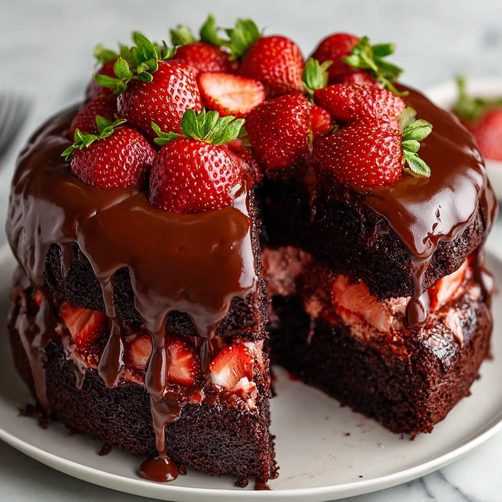 A two-layer dark chocolate cake with a thick, pink creamy filling between the layers is shown on a white plate. The top of the cake is covered with smooth, glossy dark chocolate glaze dripping down the sides. Fresh whole and sliced strawberries with green leaves sit on top of the chocolate glaze in a ring shape. A wedge is cut out to show the soft texture of the cake and creamy pink filling inside. The background has a white marbled texture. Photo taken with an iphone --ar 2:3 --v 7 — Strawberry Chocolate Shell Cake, chocolate and strawberry dessert, easy layered fruit cake, elegant strawberry chocolate cake, summer fruit cake recipe
