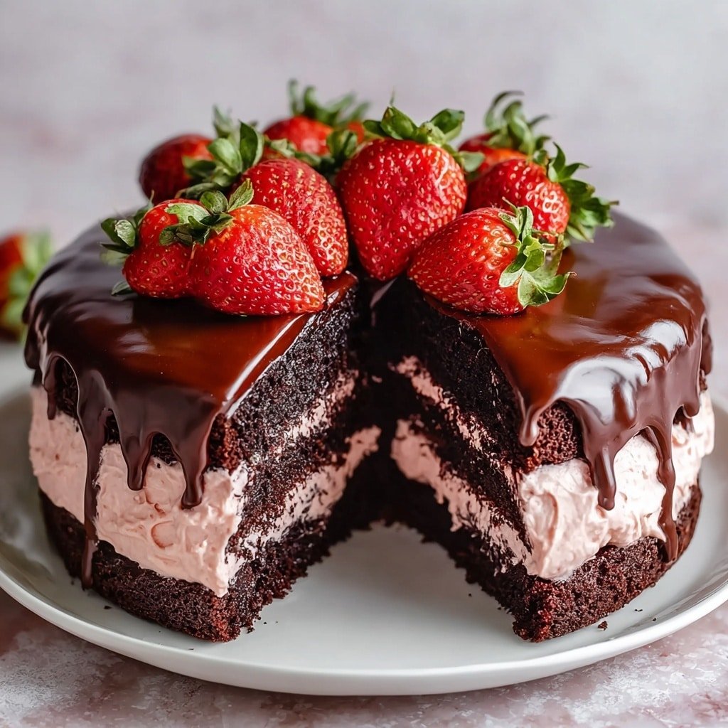 Strawberry Chocolate Shell Cake Recipe - Article Image 2 — Strawberry Chocolate Shell Cake, chocolate and strawberry dessert, easy layered fruit cake, elegant strawberry chocolate cake, summer fruit cake recipe