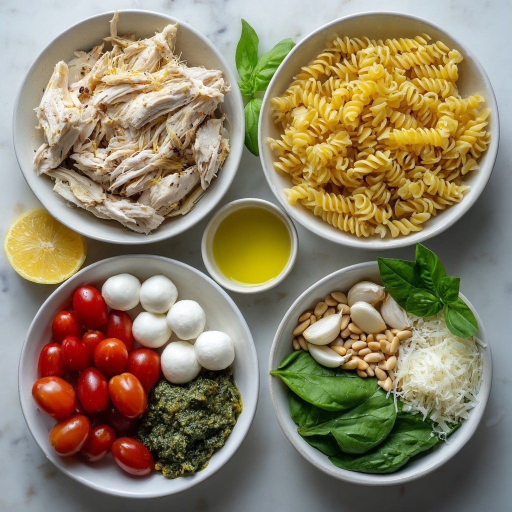 Flat lay of cooked shredded chicken breast, cooked fusilli pasta, halved cherry tomatoes, fresh mozzarella balls, thinly sliced red onion, baby spinach leaves, whole pine nuts, fresh basil leaves, whole garlic cloves, grated Parmesan cheese in a small white bowl, olive oil in a small white bowl, lemon juice in a small white bowl, all arranged with perfect symmetry in simple white ceramic bowls and plates, placed on a clean white marble surface, soft natural light, photo taken with an iPhone, professional food photography style, fresh ingredients, white ceramic bowls, no bottles, no duplicates, no utensils, no packaging --ar 1:1 --v 7 --p m7354639359234015250 — Chicken Pesto Pasta Salad, easy pasta salad with pesto and chicken, summer pasta salad recipes, quick chicken pasta dishes, healthy pasta salad ideas