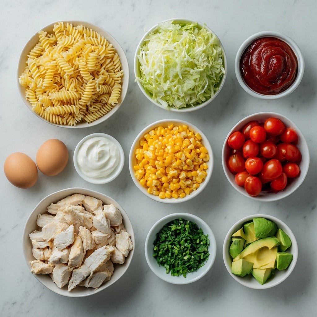 Flat lay of a small white ceramic bowl of rotini pasta, a small white bowl of glossy dark red BBQ sauce, several raw boneless skinless chicken breasts cut into bite-sized pieces, a small white bowl filled with bright orange cubed cheddar cheese, a simple white ceramic bowl heaped with shredded green romaine lettuce, a small white bowl of halved red cherry tomatoes, a small white bowl containing fresh yellow corn kernels, one whole green jalapeño pepper sliced in half revealing seeds, a small white bowl packed with chopped fresh green cilantro leaves, one ripe avocado diced showing bright green flesh, a small white bowl of creamy white Greek yogurt, a small white bowl of smooth olive oil mayonnaise, a small white bowl with chopped fresh green chives, two uncracked brown eggs placed near the bowls for natural balance but not mixed with ingredients — arranged in perfect symmetry on a clean white marble surface, soft natural light, photo taken with an iPhone, professional food photography style, fresh ingredients, white ceramic bowls, no bottles, no duplicates, no utensils, no packaging --ar 1:1 --v 7 --p m7354639359234015250 — BBQ Chicken Pasta Salad, easy BBQ chicken pasta, smoky BBQ chicken salad, veggie pasta salad with BBQ chicken, quick summer pasta salad