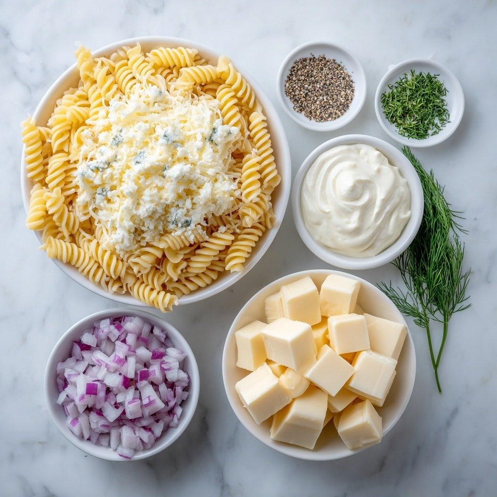 Flat lay of cooked rotini pasta spirals, cubed sharp cheddar cheese, sliced mini dill pickles, chopped red onion, a small white bowl of mayonnaise, a small white bowl of sour cream, a small white bowl of dill pickle juice, fresh sprigs of chopped dill, a small white bowl of salt, a small white bowl of black pepper placed on a clean white marble surface, soft natural light, photo taken with an iPhone, professional food photography style, fresh ingredients, white ceramic bowls, no bottles, no duplicates, no utensils, no packaging --ar 1:1 --v 7 --p m7354639359234015250 — Pickle Pasta Salad, easy pasta salad recipes, chilled summer salads, tangy pasta side dishes, make-ahead pasta salads