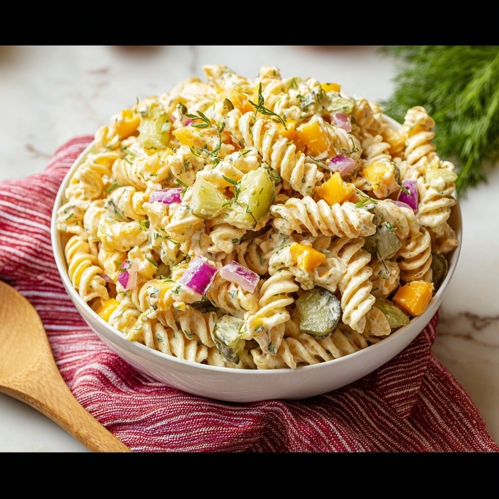 A large white bowl filled with a mound of creamy pasta salad made from spiral pasta coated in a pale yellow sauce. Mixed in are small cubes of orange cheddar cheese, thin slices of green pickles, and bits of purple onion. Small green herb sprigs are sprinkled on top, adding color contrast. The bowl sits on a red and white cloth on a white marbled surface, with a wooden spoon nearby and green herbs on the side. Photo taken with an iphone --ar 1:1 --v 7 — Pickle Pasta Salad, easy pasta salad recipes, chilled summer salads, tangy pasta side dishes, make-ahead pasta salads