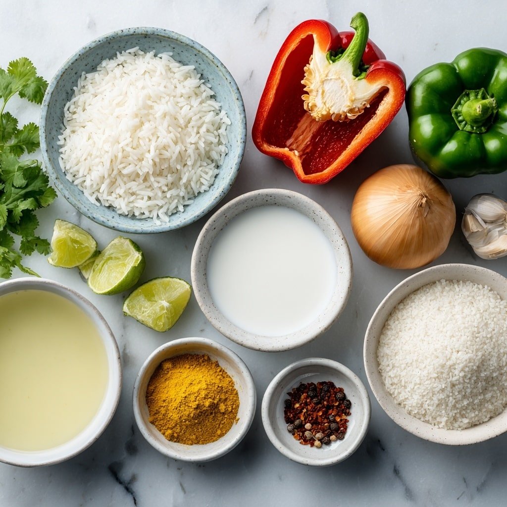 Flat lay of a small mound of jasmine rice, a small white ceramic bowl of creamy coconut milk, a small white ceramic bowl of clear water, a small white ceramic bowl holding a drizzle of golden coconut oil, one fresh green bell pepper sliced open to show crisp interior, one fresh red bell pepper sliced open to reveal seeds and flesh, one medium yellow onion whole and uncut, two cloves of fresh garlic with papery skins intact, a small white ceramic bowl filled with freshly ground black pepper, a small white ceramic bowl of fine white salt, a small white ceramic bowl containing bright yellow turmeric powder, a small white ceramic bowl with deep red pepper flakes, a small bunch of fresh green coriander leaves, and a few bright green lime wedges half-cut placed neatly — all arranged symmetrically on a clean white marble surface, soft natural light, photo taken with an iPhone, professional food photography style, fresh ingredients, white ceramic bowls, no bottles, no duplicates, no utensils, no packaging --ar 1:1 --v 7 --p m7354639359234015250 — Tropical Coconut Pepper Rice, tropical rice recipes, coconut milk rice, flavorful rice dishes, easy tropical rice