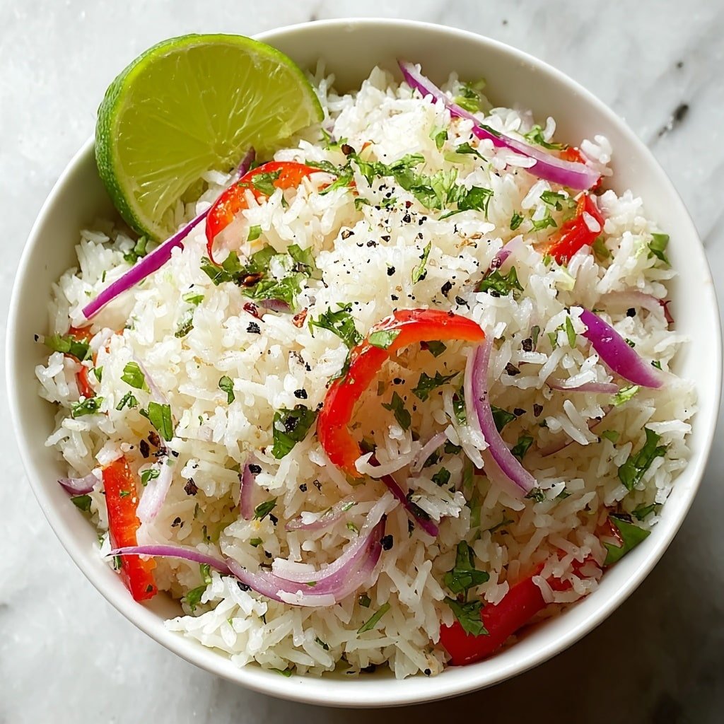 A white bowl is filled with fluffy white rice mixed with small pieces of bright red bell pepper, thin slices of purple onion, and chopped green herbs scattered throughout. The rice looks light and soft with black pepper specks sprinkled on top. A wedge of fresh green lime rests on the edge of the bowl, adding a pop of bright color. The bowl sits on a white marbled surface in soft natural light. photo taken with an iphone --ar 1:1 --v 7 — Tropical Coconut Pepper Rice, tropical rice recipes, coconut milk rice, flavorful rice dishes, easy tropical rice