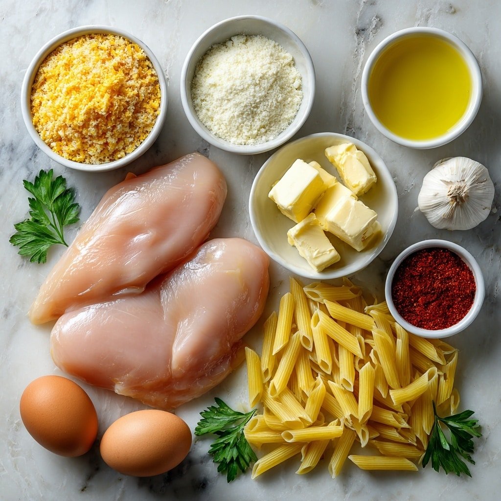 Flat lay of boneless, skinless chicken breasts with a natural pale pink color, a small white bowl filled with golden brown breadcrumbs, a small white bowl of finely grated Parmesan cheese, a small white bowl containing smooth olive oil, two whole brown eggs with clean shells, a small white bowl of heavy cream with a silky texture, three fresh garlic cloves unpeeled, a small white bowl of creamy butter cubes, a small white bowl of bright red paprika powder, a small white bowl of fine garlic powder, a few sprigs of fresh green parsley, neatly arranged uncooked penne pasta with a slightly glossy surface, all placed on a clean white marble surface, soft natural light, photo taken with an iPhone, professional food photography style, fresh ingredients, white ceramic bowls, no bottles, no duplicates, no utensils, no packaging --ar 1:1 --v 7 --p m7354639359234015250 — Crispy Chicken with Creamy Garlic Pasta, crispy chicken and garlic pasta, creamy garlic chicken recipe, easy crispy chicken dinner, flavorful pasta with chicken