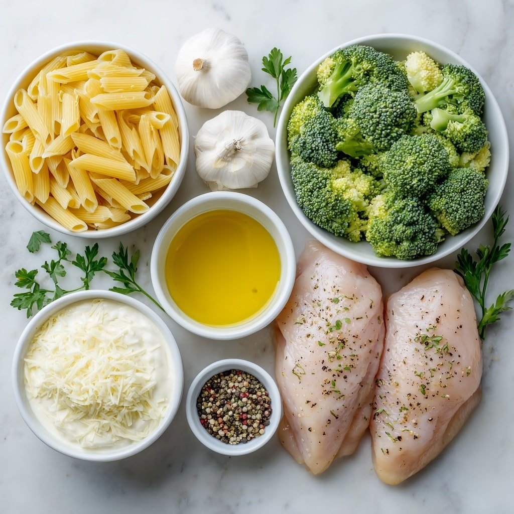 Flat lay of penne pasta uncooked, fresh bright green broccoli florets, two raw boneless skinless chicken breasts, a small white bowl of golden olive oil, three whole uncracked garlic cloves, a small white bowl filled with thick heavy cream, a small white bowl of finely grated Parmesan cheese, a few sprigs of fresh flat-leaf parsley, small white bowls containing coarse salt, black peppercorns, and mixed Italian seasoning placed symmetrically around the ingredients, all arranged on a clean white marble surface, soft natural light, photo taken with an iPhone, professional food photography style, fresh ingredients, white ceramic bowls, no bottles, no duplicates, no utensils, no packaging --ar 1:1 --v 7 --p m7354639359234015250 — Creamy Chicken Broccoli Penne, creamy chicken pasta recipes, easy chicken broccoli dinner, comforting pasta dishes, quick weeknight chicken pasta