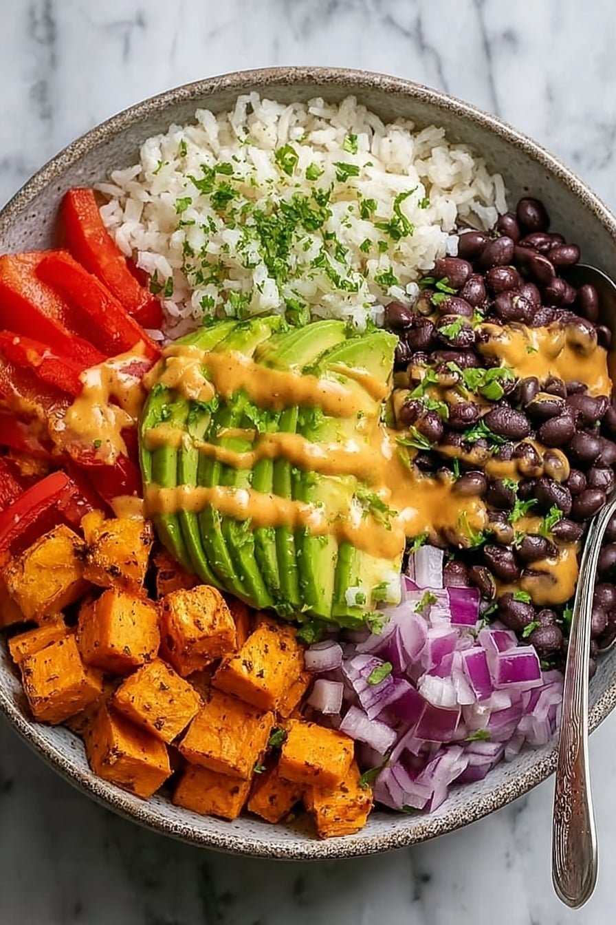 Vegan Sweet Potato Burrito Bowl Recipe - Article Image 2 — Vegan Sweet Potato Burrito Bowl, healthy vegan meal, easy plant-based dinner, roasted sweet potato bowls, flavorful vegan lunch