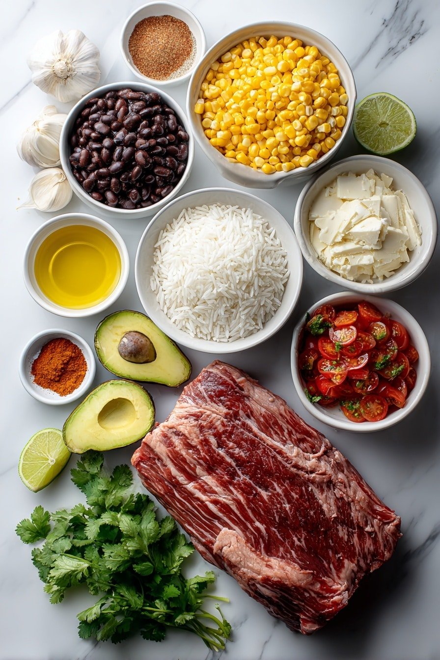 Flat lay of a whole flank steak with rich marbling, a small white bowl with fresh lime juice, a small white bowl of golden olive oil, four peeled garlic cloves, a small pile of fresh cilantro sprigs, a small heap of ground cumin, a small heap of chili powder, a small heap of coarse salt, a small heap of black pepper, a small heap of smoked paprika, a simple white ceramic bowl filled with cooked white rice, a simple white ceramic bowl of rinsed black beans, a simple white ceramic bowl of fresh yellow corn kernels, a ripe avocado sliced lengthwise, a thinly sliced half red onion, a small white bowl filled with halved cherry tomatoes, a small mound of shredded cheese, a small white bowl of bright red pico de gallo salsa, a small bunch of fresh cilantro leaves, two lime wedges, a small white bowl of smooth sour cream, a peeled single garlic clove, all ingredients arranged with perfect symmetry and realistic proportions on a clean white marble surface, soft natural light, photo taken with an iPhone, professional food photography style, fresh ingredients, white ceramic bowls, no bottles, no duplicates, no utensils, no packaging --ar 2:3 --v 7 --p m7354639359234015250 — Cilantro Lime Steak Bowls, cilantro lime bowl recipe, steak bowl with lime and cilantro, easy steak rice bowls, flavorful steak bowl ideas
