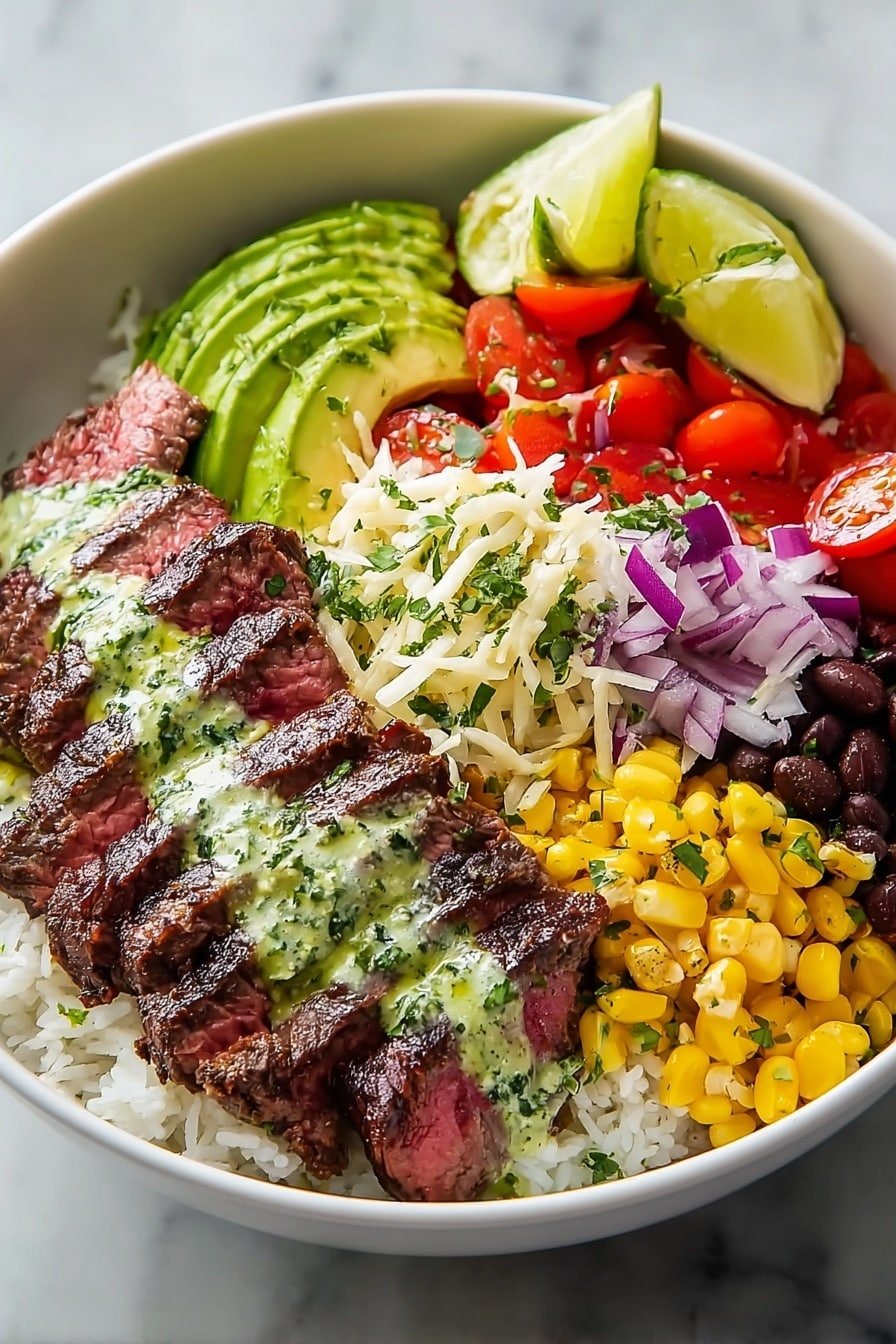 A white bowl sits on a white marbled surface filled with a layered dish. The base is white rice covering the bottom. On top, sliced steak cooked medium rare is fanned out on one side, drizzled with a light green herb sauce. Next to the steak, there are bright red sliced cherry tomatoes, and beside them thin slices of green avocado arranged neatly. Purple chopped onions are placed next to the avocado. Black beans sit beside the onions, and yellow corn topped with shredded white cheese and green herbs fill the last section. Two lime wedges rest on the edge of the bowl. photo taken with an iphone --ar 2:3 --v 7 — Cilantro Lime Steak Bowls, cilantro lime bowl recipe, steak bowl with lime and cilantro, easy steak rice bowls, flavorful steak bowl ideas