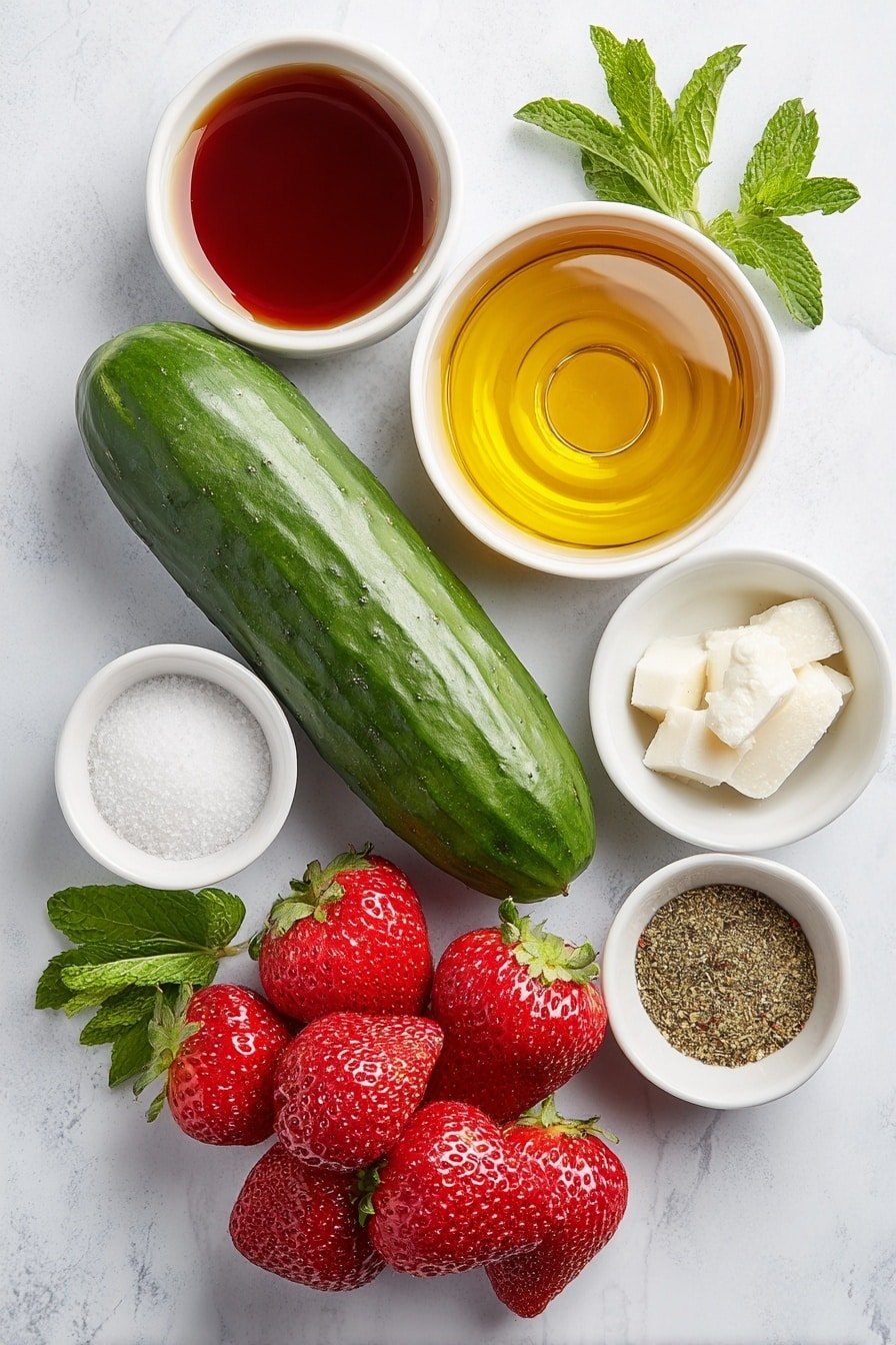 Flat lay of a whole fresh cucumber, a small pile of whole ripe strawberries with green leafy tops removed, a small white ceramic bowl of golden olive oil, a small white ceramic bowl of dark balsamic vinegar, a small white ceramic bowl of amber honey, a small white ceramic bowl with fine salt crystals, a small white ceramic bowl with ground black pepper, a few fresh bright green mint sprigs placed neatly, all arranged in perfect symmetry on a clean white marble surface, soft natural light, photo taken with an iPhone, professional food photography style, fresh ingredients, white ceramic bowls, no bottles, no duplicates, no utensils, no packaging --ar 2:3 --v 7 --p m7354639359234015250 — Cucumber Strawberry Salad with Mint, Fresh fruit salad with mint, Summer cucumber and strawberry salad, Healthy fruit and vegetable salad, Easy summer salad ideas