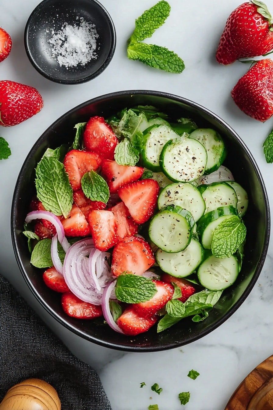 Cucumber Strawberry Salad with Mint Recipe - Article Image 2 — Cucumber Strawberry Salad with Mint, Fresh fruit salad with mint, Summer cucumber and strawberry salad, Healthy fruit and vegetable salad, Easy summer salad ideas